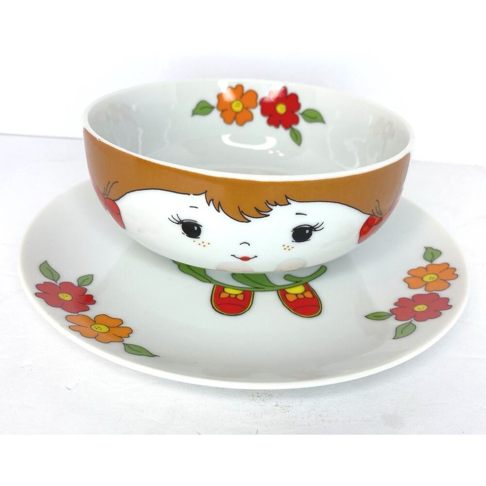 Fred Roberts 70s Farm Girl Stacking Porcelain Bowl Dish Set Japan Childs Vtg